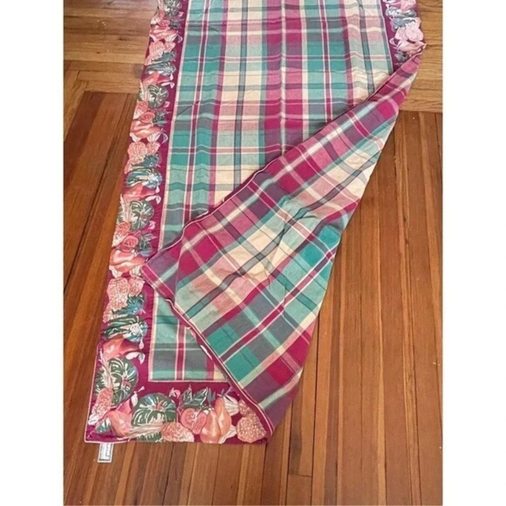 April Cornell Vintage Plaid Tropical Fruit Cotton Tablecloth 50x90 Burgundy Teal